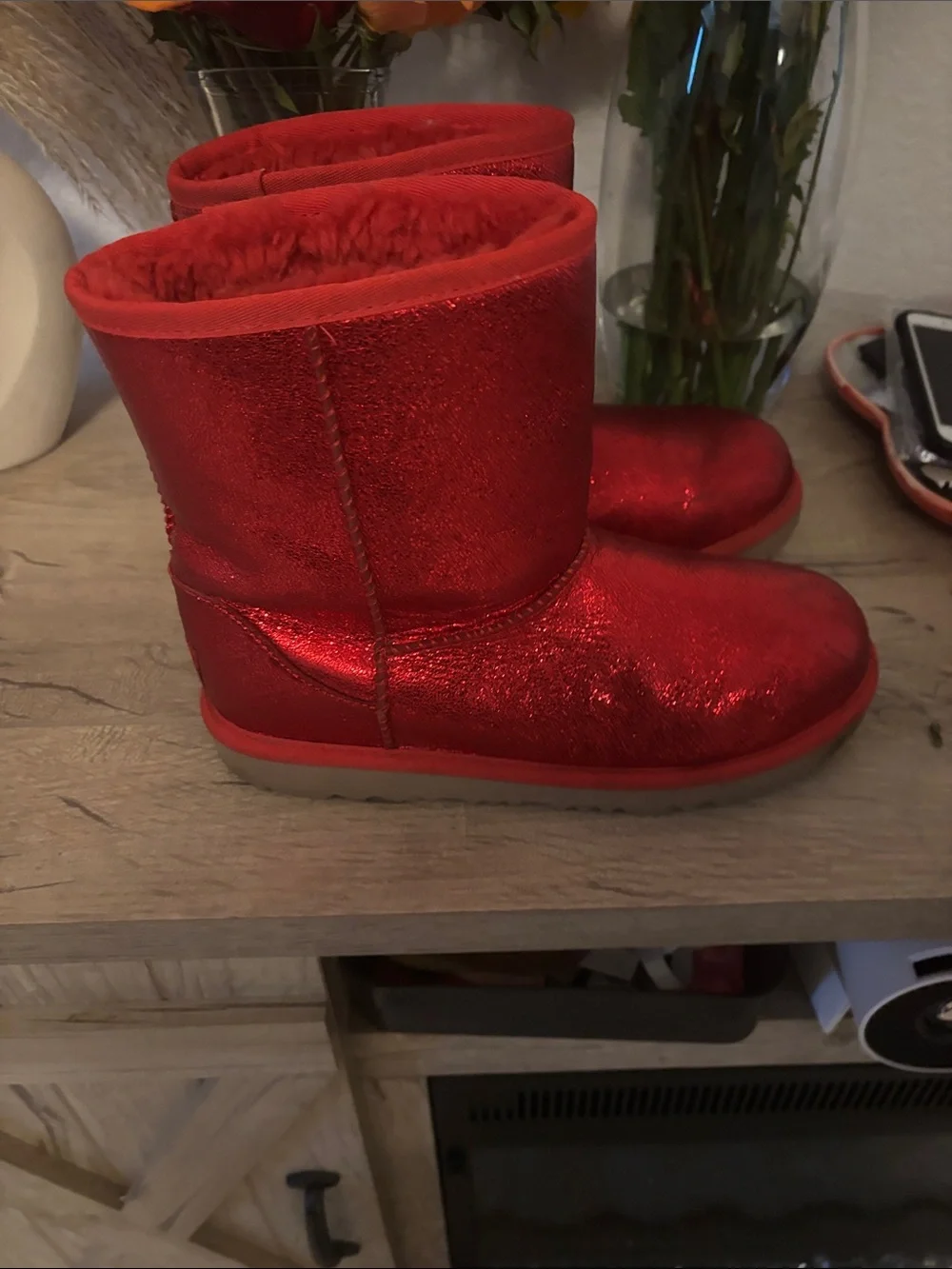 UGG Kids Shiny Red Faux-Fur Lined Boots